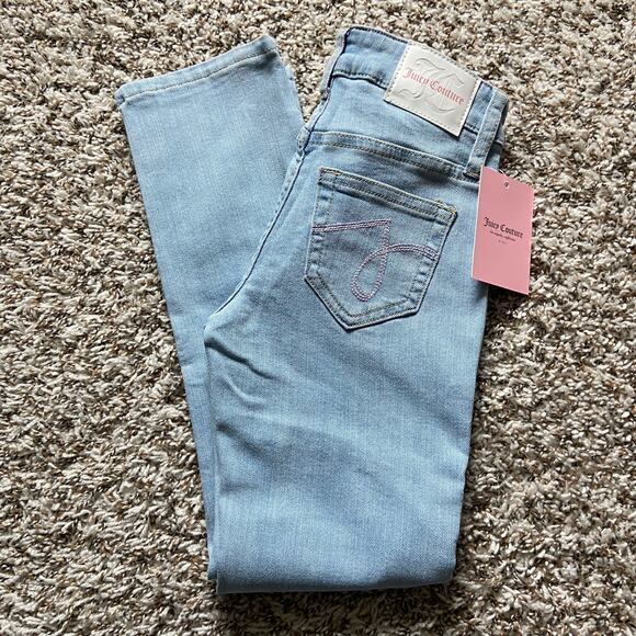 Juicy Couture Kids Mid Rise Straight Denim Jean Girls 8 Light Acid Wash Knee Rip - Picture 1 of 8
